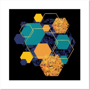 Blue, orange, navy, yellow and gold geometric hexagons Posters and Art